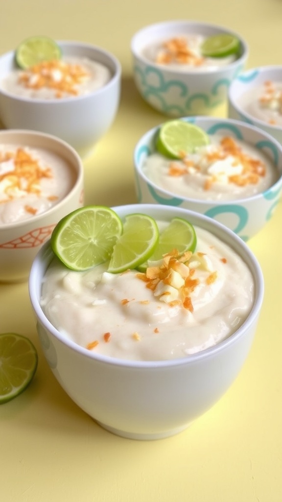 Creamy Lime Coconut Rice Pudding Creamy lime coconut rice pudding in a bowl garnished with coconut flakes and lime slices.